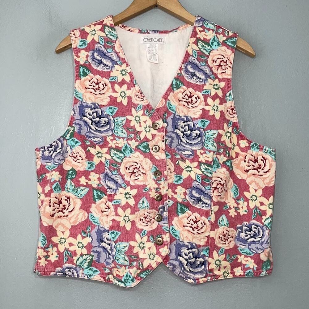 80s Cherokee Size Large Pastel Floral Print Denim Vest Romantic Cottagecore